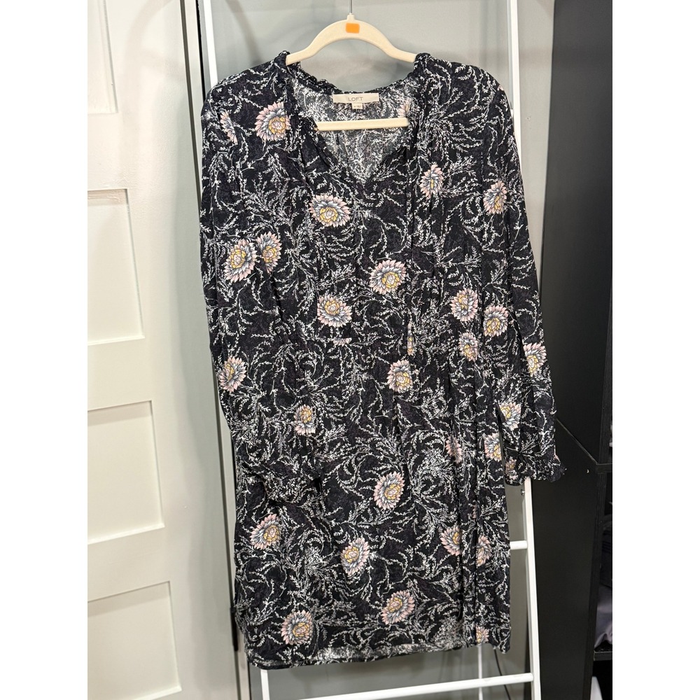 LOFT Floral Long Sleeve Rayon Mini Dress Black Pink Yellow M  Boho Whimsigoth